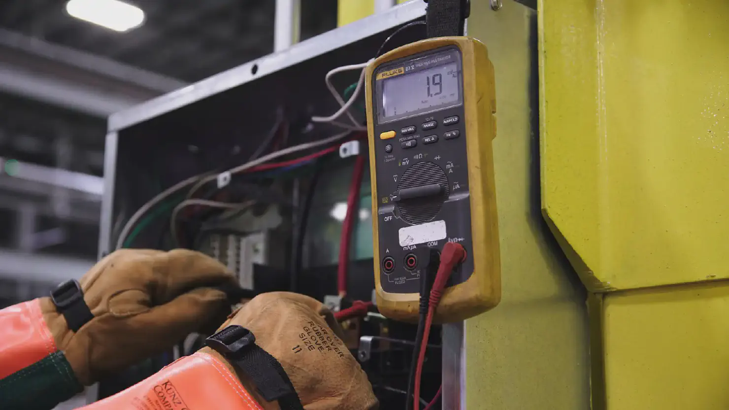 Multimeter reading taken at an electrical switchboard