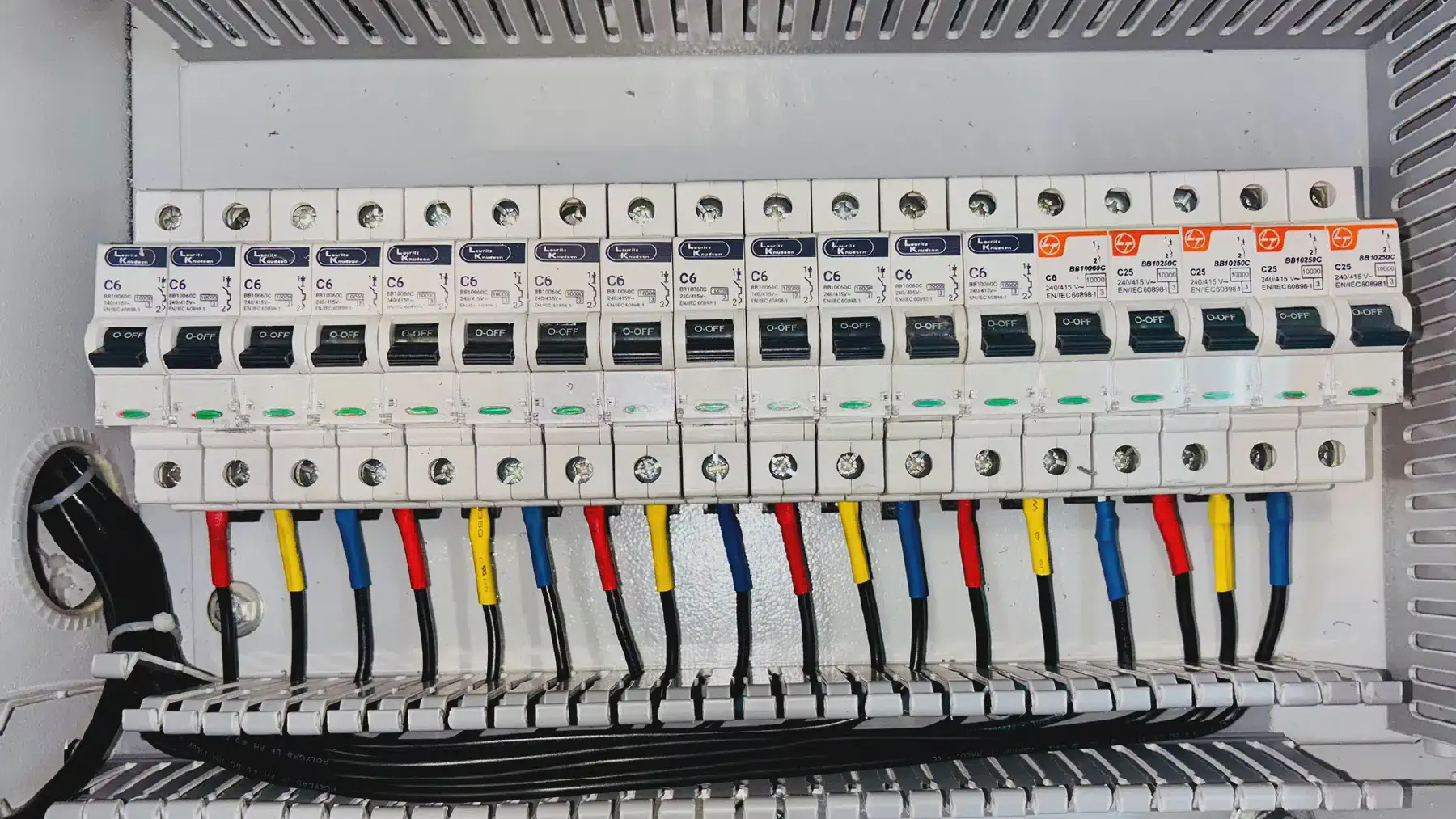 Switchboard with safety switches installed by Carda Electrics